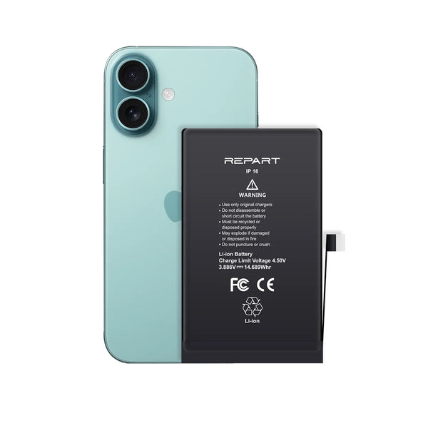 A light blue-green iPhone shown from the back alongside its black Repart replacement battery, displayed on a clean white background.