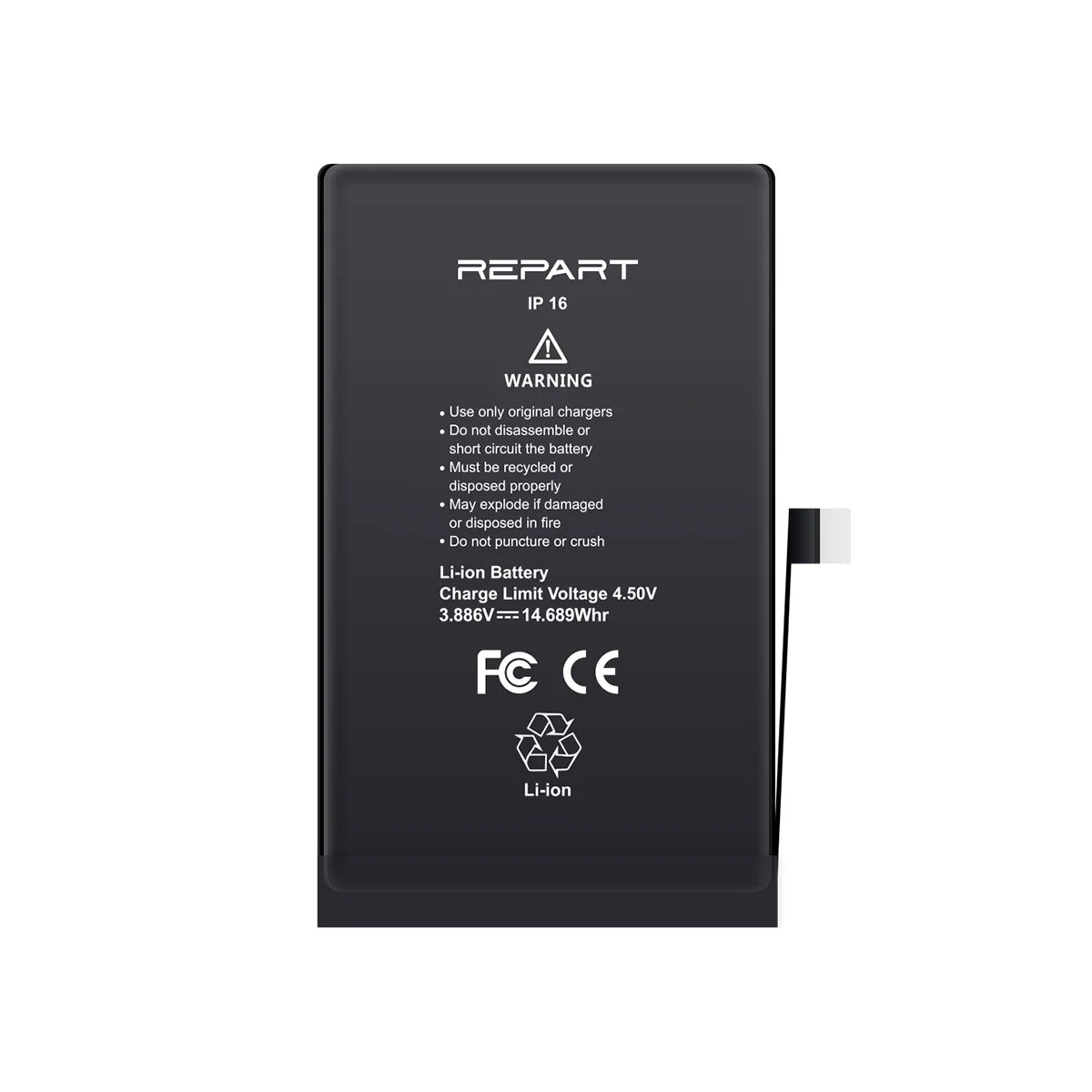 A black rectangular lithium-ion replacement battery with printed white text and a small connector tab on the right side, shown on a plain white background. The brand name REPART is clearly visible at the top.
