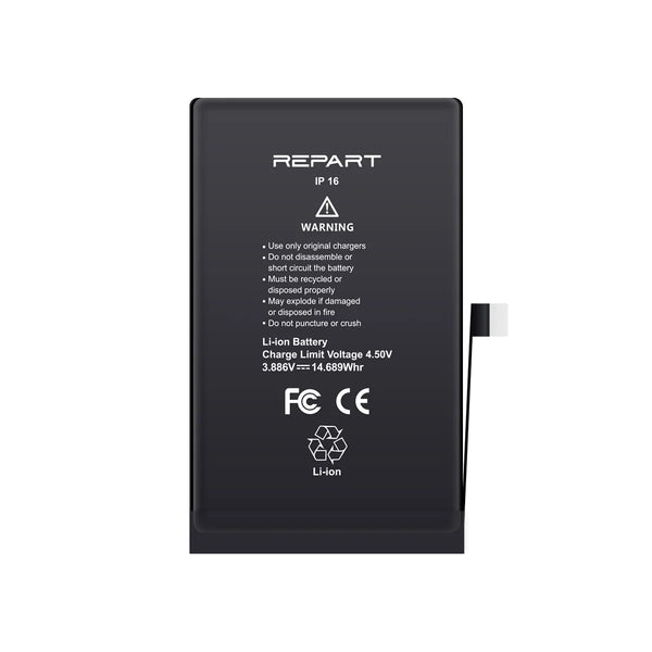A black rectangular lithium-ion replacement battery with printed white text and a small connector tab on the right side, shown on a plain white background. The brand name REPART is clearly visible at the top.