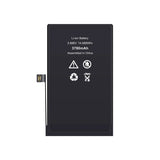 A black rectangular lithium-ion replacement battery with white printed specifications and recycling symbols, featuring a small gold connector on the left side, shown against a plain white background.
