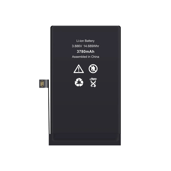 A black rectangular lithium-ion replacement battery with white printed specifications and recycling symbols, featuring a small gold connector on the left side, shown against a plain white background.