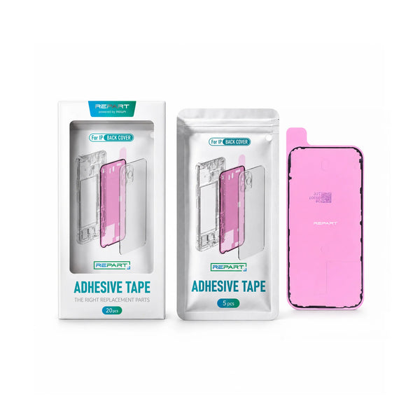 Pink adhesive tape and its retail packaging shown alongside a clear phone case on a white background. The packaging features the brand name 'REPART'.
