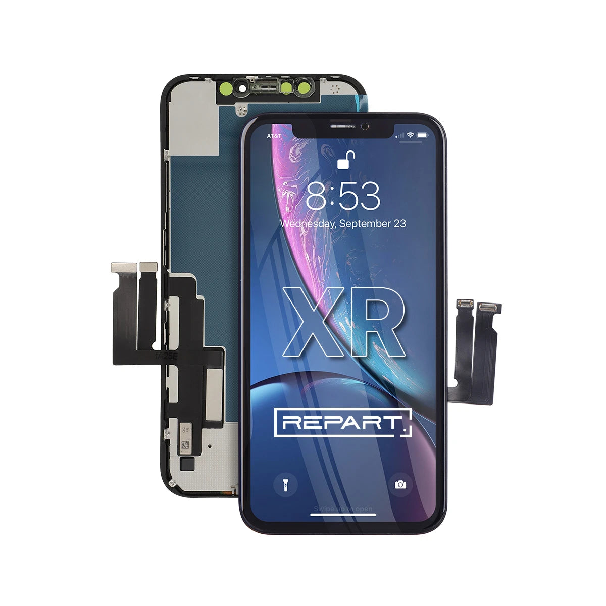 Telefoonscherm met 'REPART'-merk op een witte achtergrond