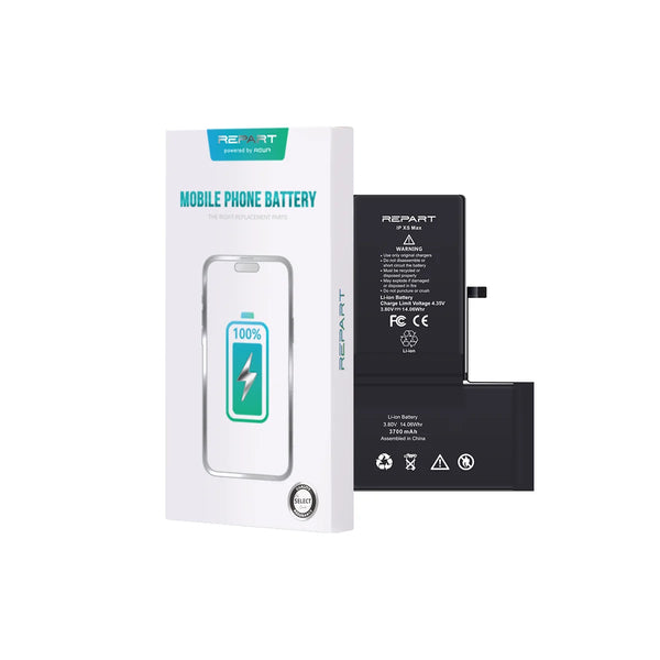 Phone battery and packaging with REPART branding on a white background