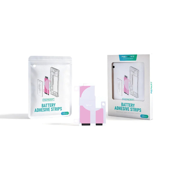 Two packages of Adhesive Strips shown on a clean white background, with one clear pouch containing pink and white adhesive strips in the center.