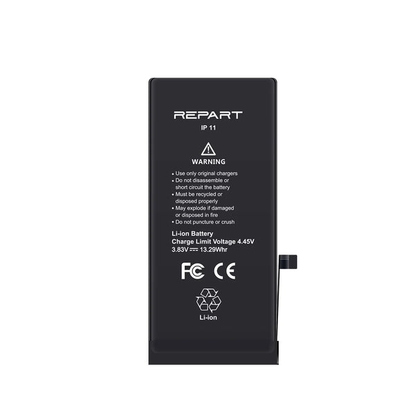 iphone 11 battery with 'REPART' branding and warning labels on a white background