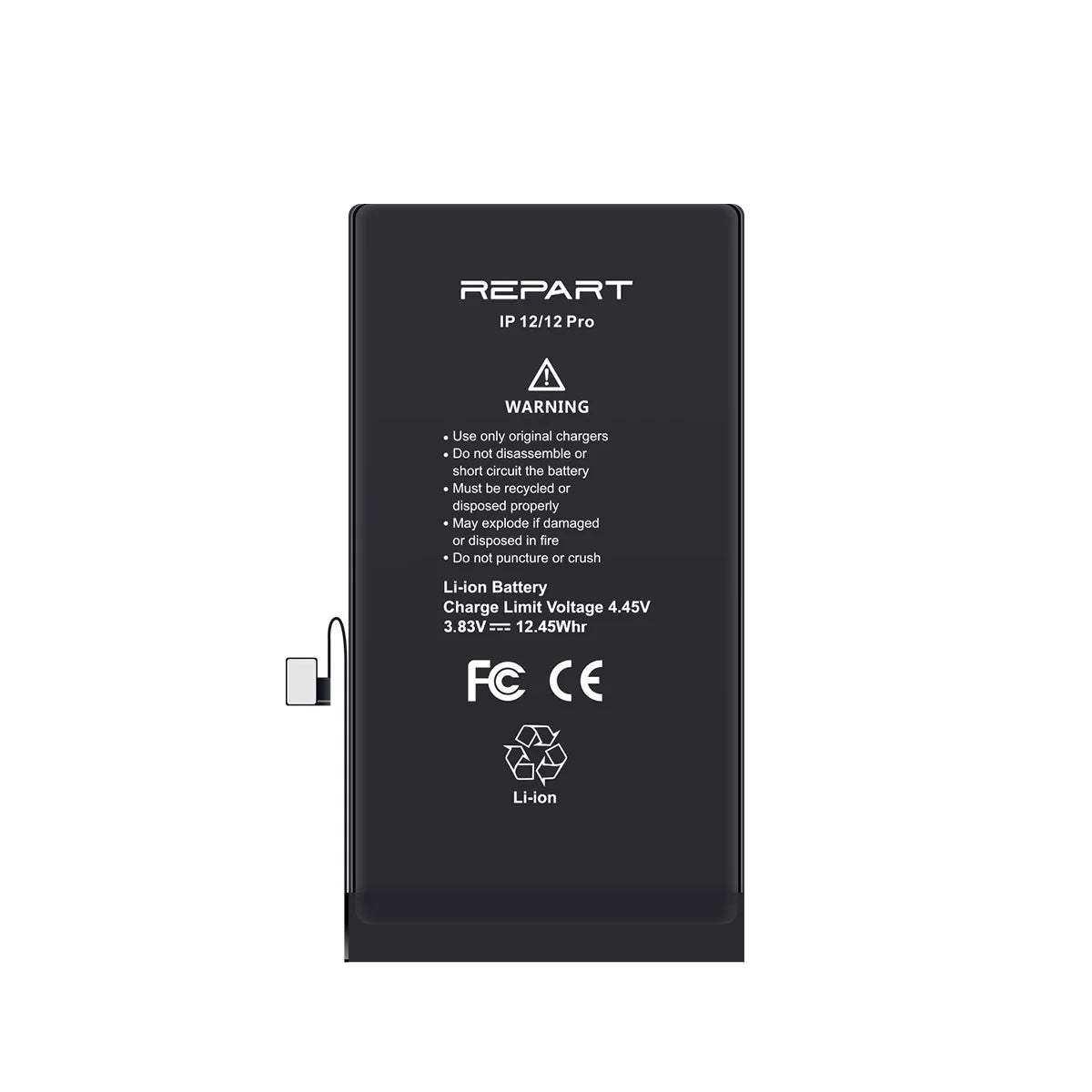 Batterie noire avec la marque Repart sur fond blanc