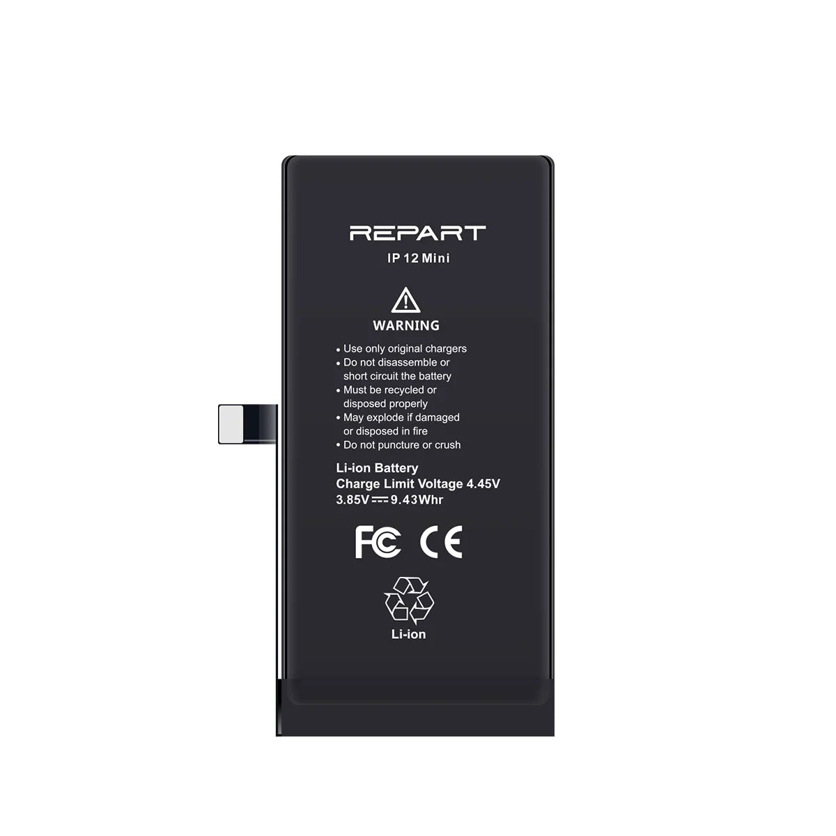 Batterie noire avec la marque « REPART » et les spécifications techniques sur fond blanc