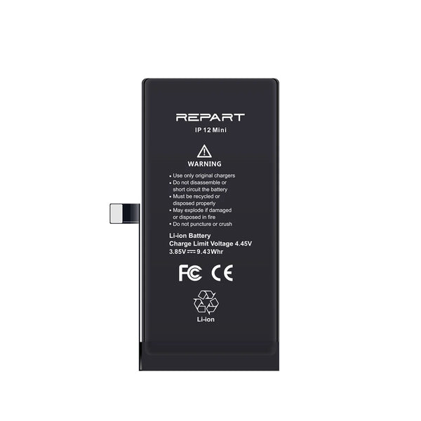 Black battery with 'REPART' branding and technical specifications on a white background
