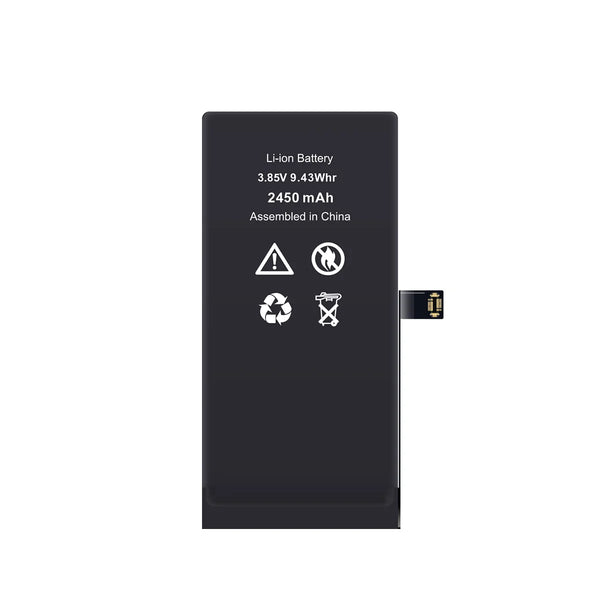 Black lithium-ion battery with specifications on a white background