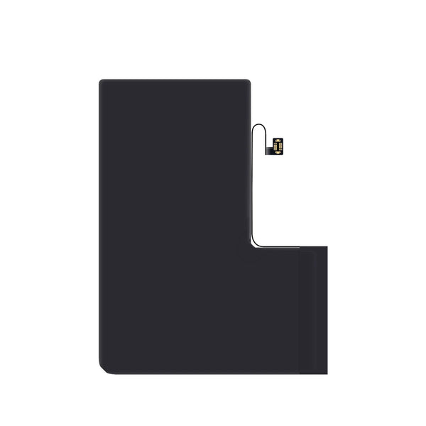 Black iphone 12 pro max battery with a flex cable on a white background