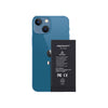 Blue iphone 13 mini with a black battery labeled 'REPART' on a white background