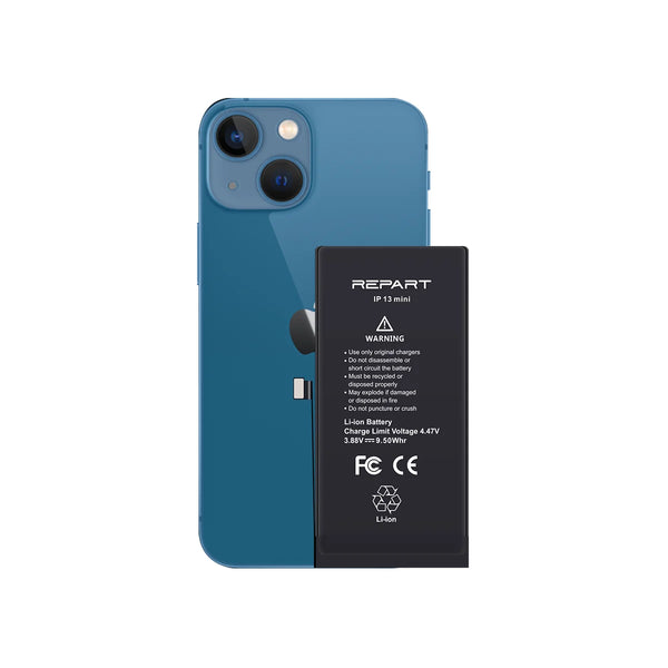 Blue iphone 13 mini with a black battery labeled 'REPART' on a white background