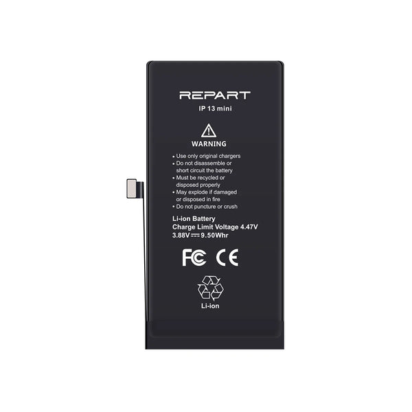 Black battery with 'REPART' branding and warning labels on a white background