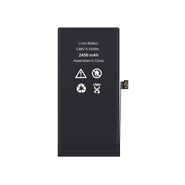 Black lithium-ion battery with specifications on a white background