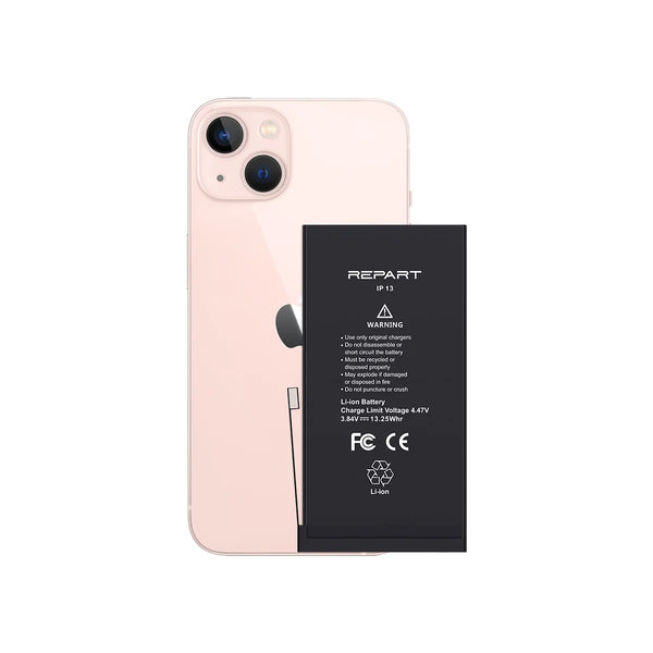 Pink iphone 13 with a Repart battery on a white background