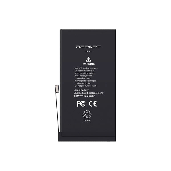 Black iphone 13 battery with 'REPART' branding and warning labels on a white background