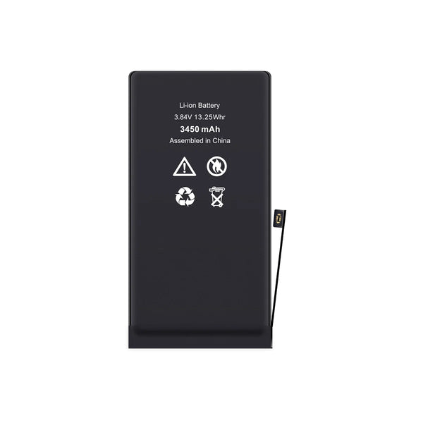 Black battery with warning symbols on a white background