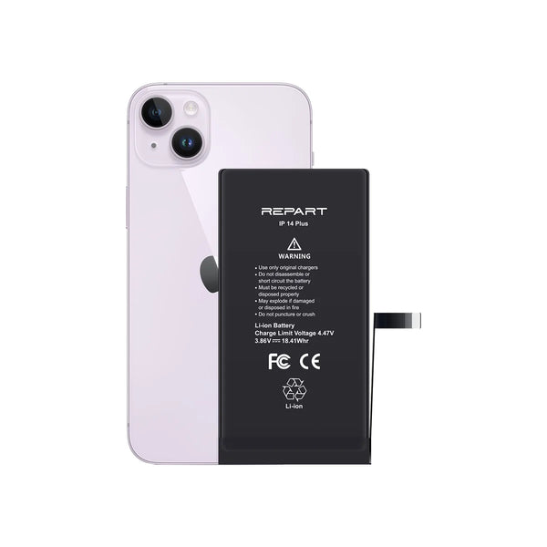 Black Repart iphone 14 plus battery on a white background