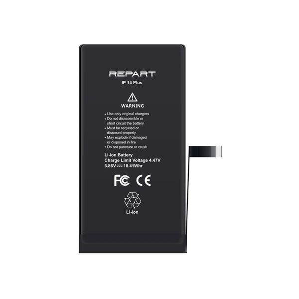 Black iphone 14 plus battery with 'Repart' branding and warning labels on a white background