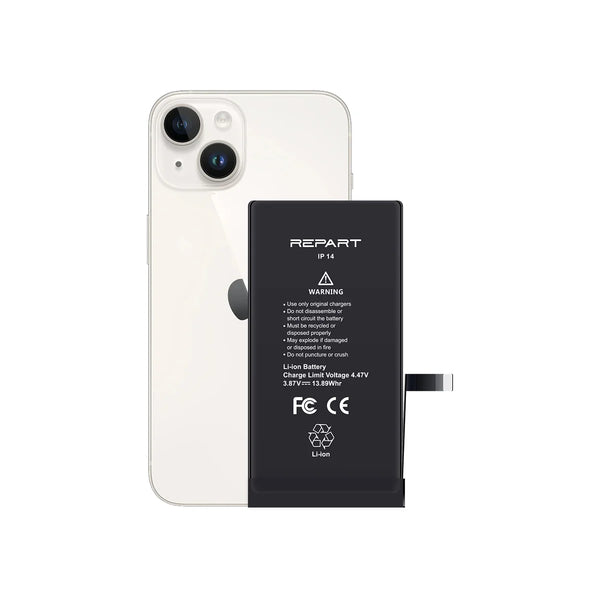 Black battery pack labeled 'REPART' attached to a white smartphone on a white background