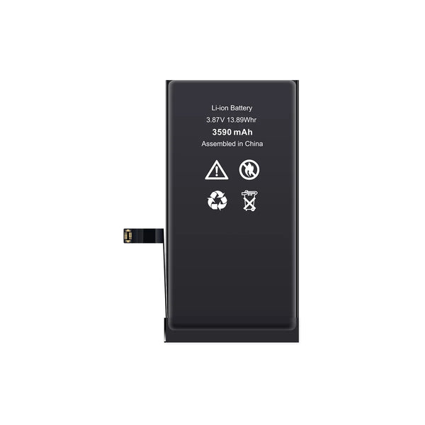Black lithium-ion battery with specifications on a white background