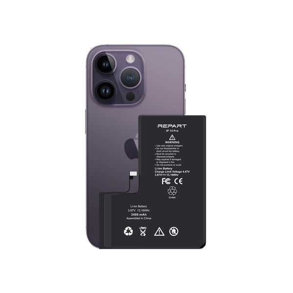 iphone 14 pro with a detached battery labeled 'REPART' on a white background