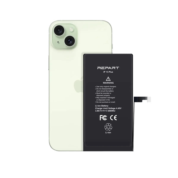 iphone 15 plus with a repart replacement battery on a white background