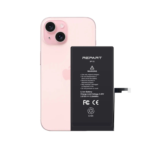 Pink iphone 15 with a Repart battery on a white background