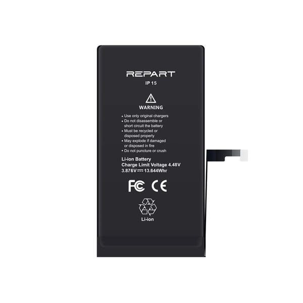 Black battery pack with 'REPART' branding and warning labels on a white background