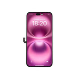 Smartphone mit pink-lila Display auf weißem Hintergrund