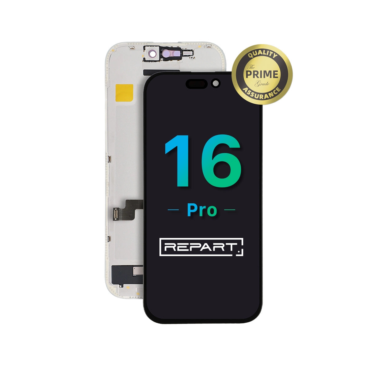 Telefoonscherm met 'REPART'-merk en 'Prime Quality'-badge op een witte achtergrond.