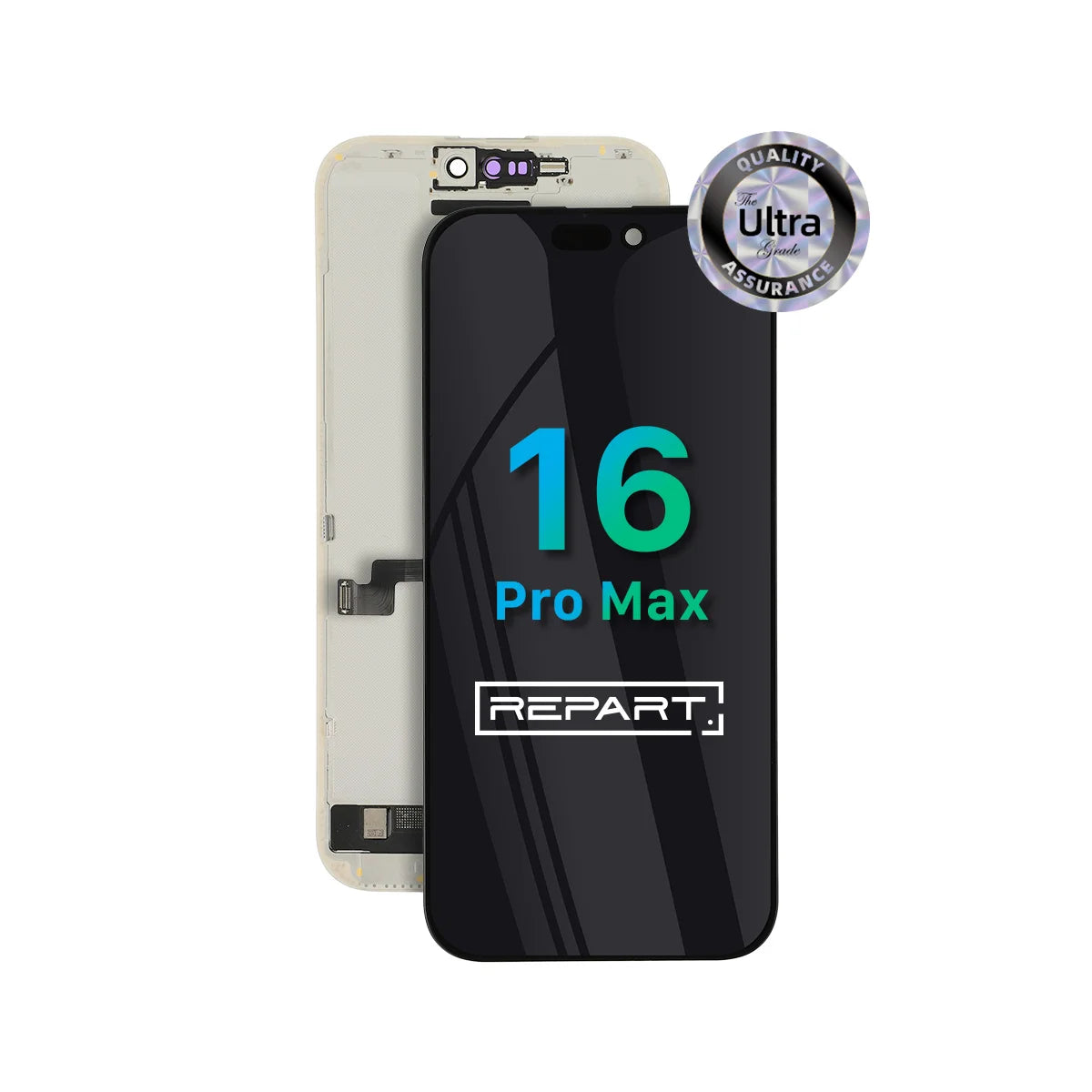 Schermvervanging voor iPhone 16 Pro Max met 'REPART'-logo op een witte achtergrond.