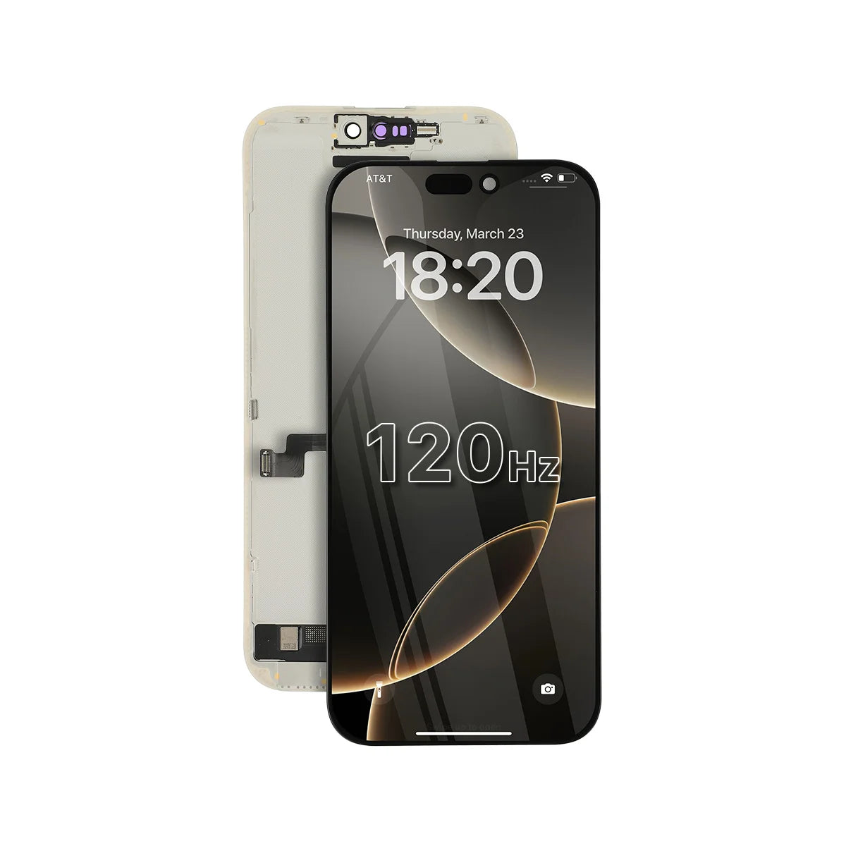 Smartphonescherm met een verversingsfrequentie van 120 Hz op een witte achtergrond.