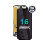 Assemblaggio schermo OLED morbido per iPhone 16 con marchio "REPART" e badge "Ultra Quality Assurance" su sfondo bianco.