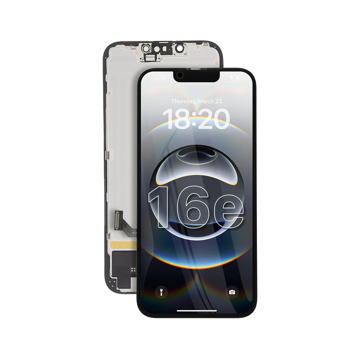 Phone screen assembly with display and front camera on a white background