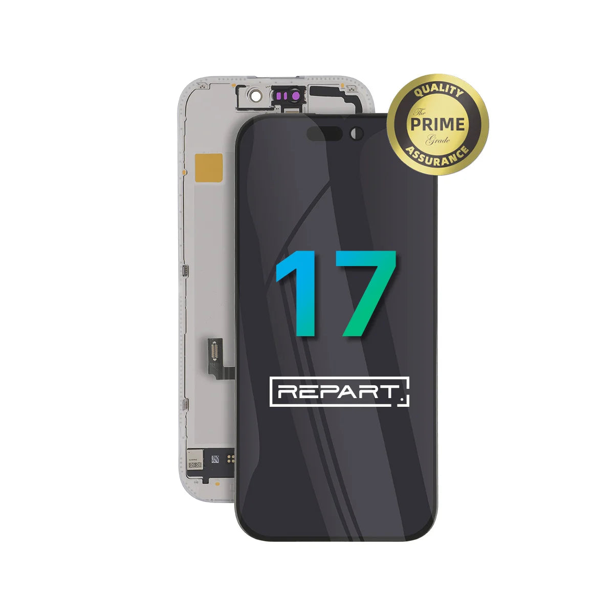 Phone screen assembly with 'REPART' branding and a 'Prime Quality Assurance' badge on a white background.