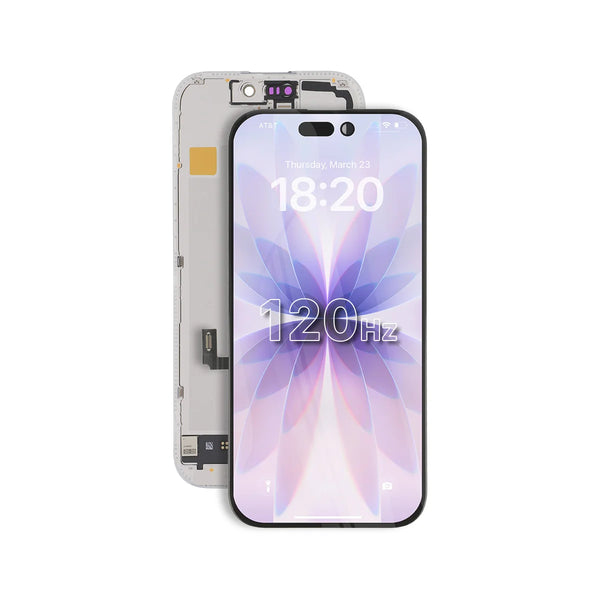 Phone screen assembly with display and touch panel on a white background