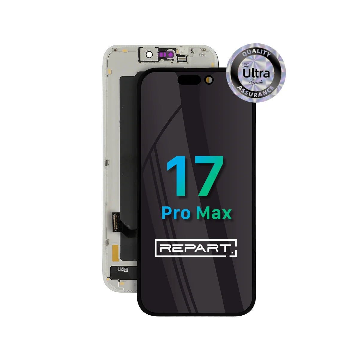 Schermassemblage van een iPhone 17 Pro Max soft-oled scherm met 'REPART'-merk en de tekst '17 Pro Max' op een witte achtergrond.