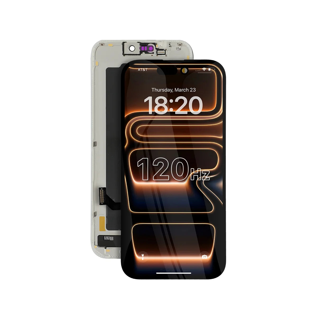 Vervangend Ultra Soft OLED-scherm voor de iPhone 17 Pro Max met een verversingssnelheid van 120 Hz op een witte achtergrond.