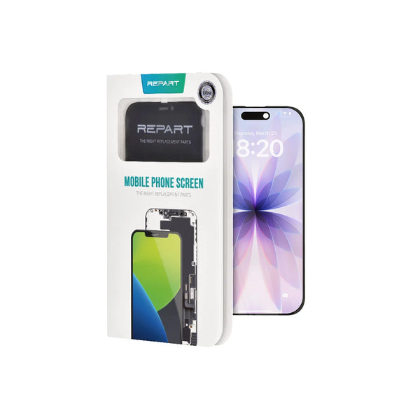Packaged screen protector for a smartphone with REPART branding on a white background