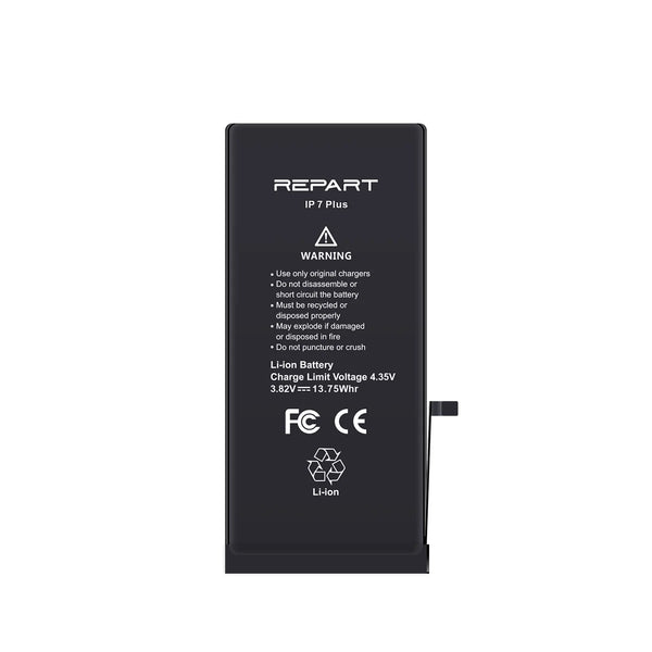Black battery with 'REPART' branding and technical specifications on a white background