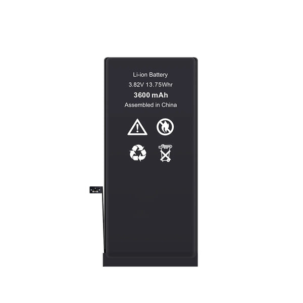 Black lithium-ion battery with specifications on a white background