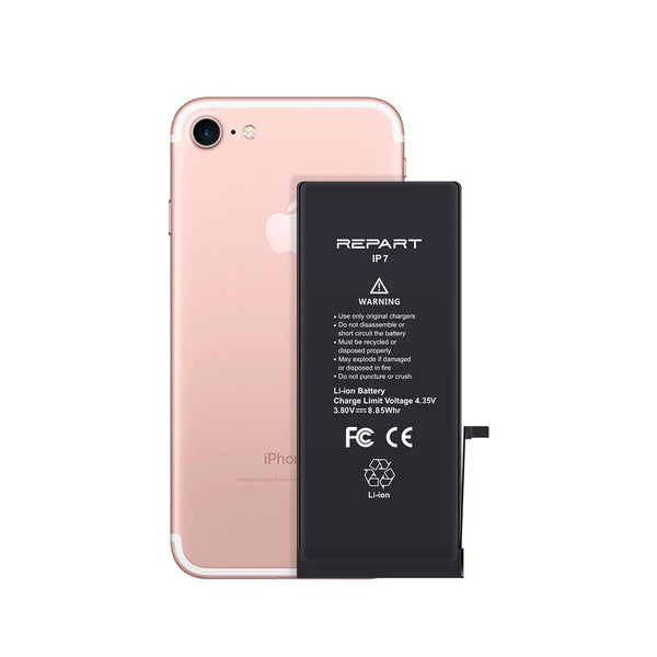 Rose gold iPhone 7 with a detached black battery labeled 'REPART' on a white background