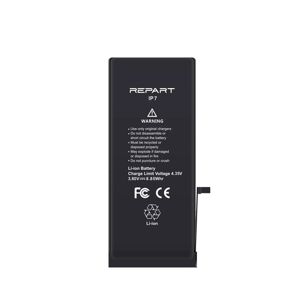 Black battery with 'REPART' branding and warning labels on a white background