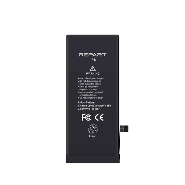 Black battery with 'REPART' branding and technical specifications on a white background