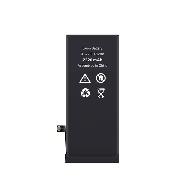 Black iPhone 8 battery with white text and symbols on a white background