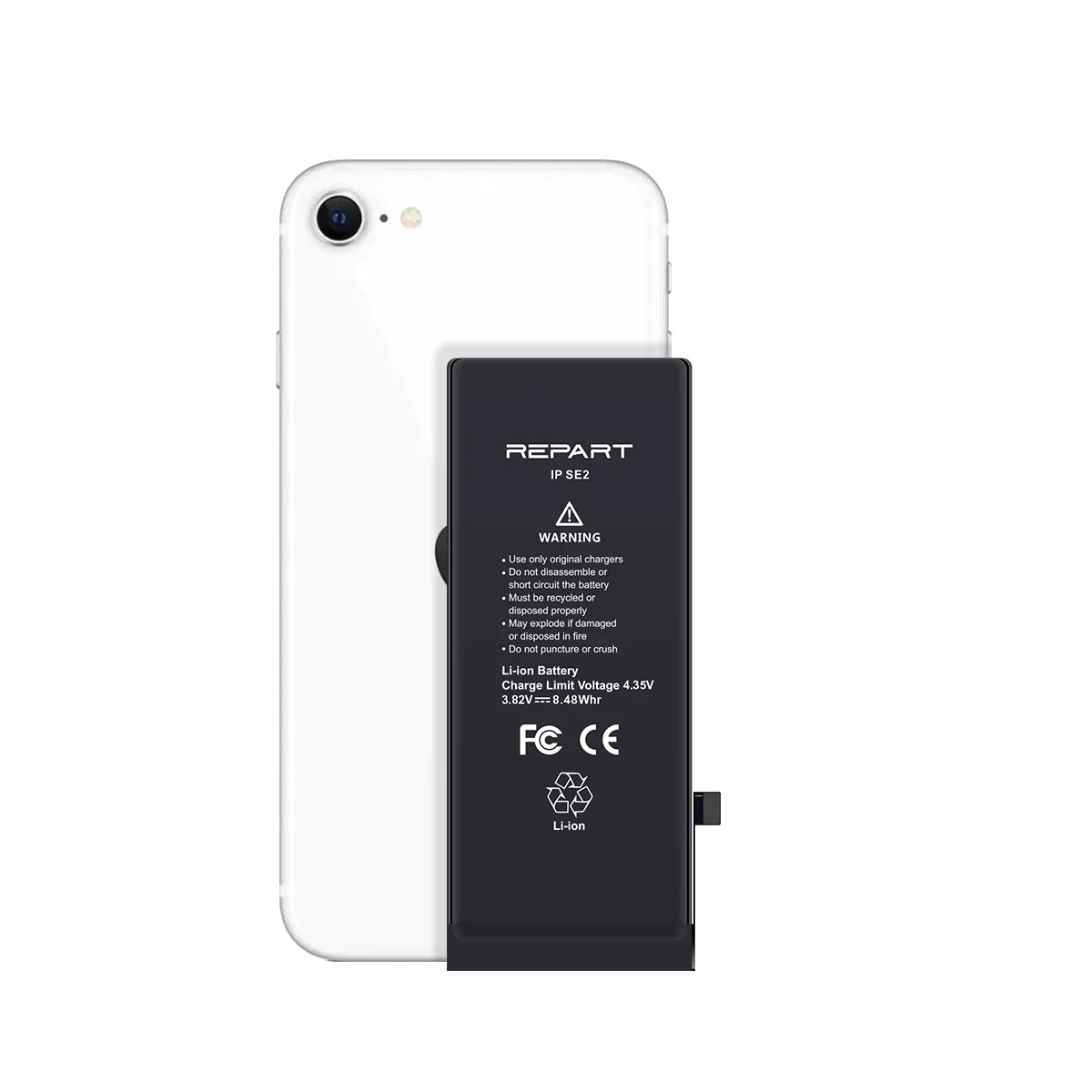 Batterie noire portant l'inscription « REPART » fixée à un smartphone blanc sur fond blanc.