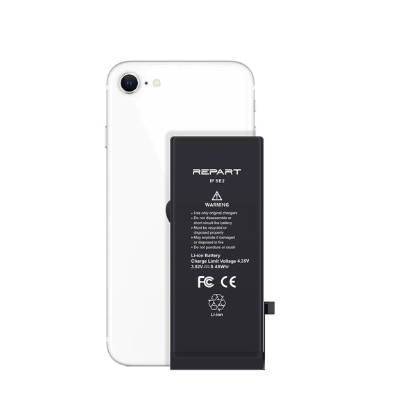 Black battery pack labeled 'REPART' attached to a white smartphone on a white background