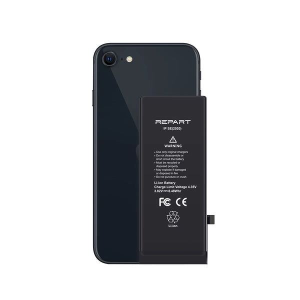 Black iPhone se 2020 battery with REPART branding on a white background
